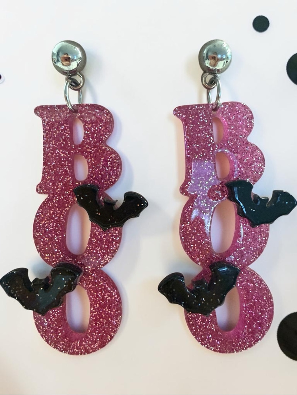 Pink Glitter 'BOO' Bat Drop Earrings